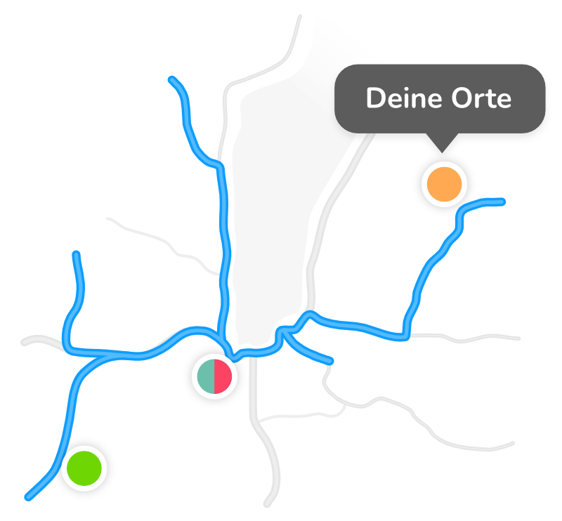 Illustration einer Beispielhaften Route, entlang derer verschiedene Orte markiert sind.