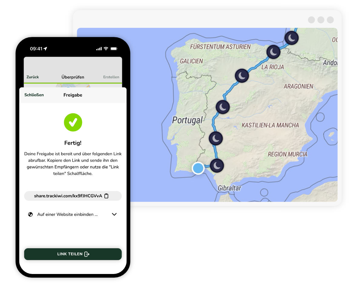 Illustration der Teilen-Funktion. Links das Smartphone mit der Freigabe, rechts der Browser, in dem die Freigabe betrachtet wird.